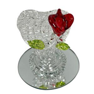 Spun Glass Heart Figurine With Red Rose & Leaves On Mirror Base